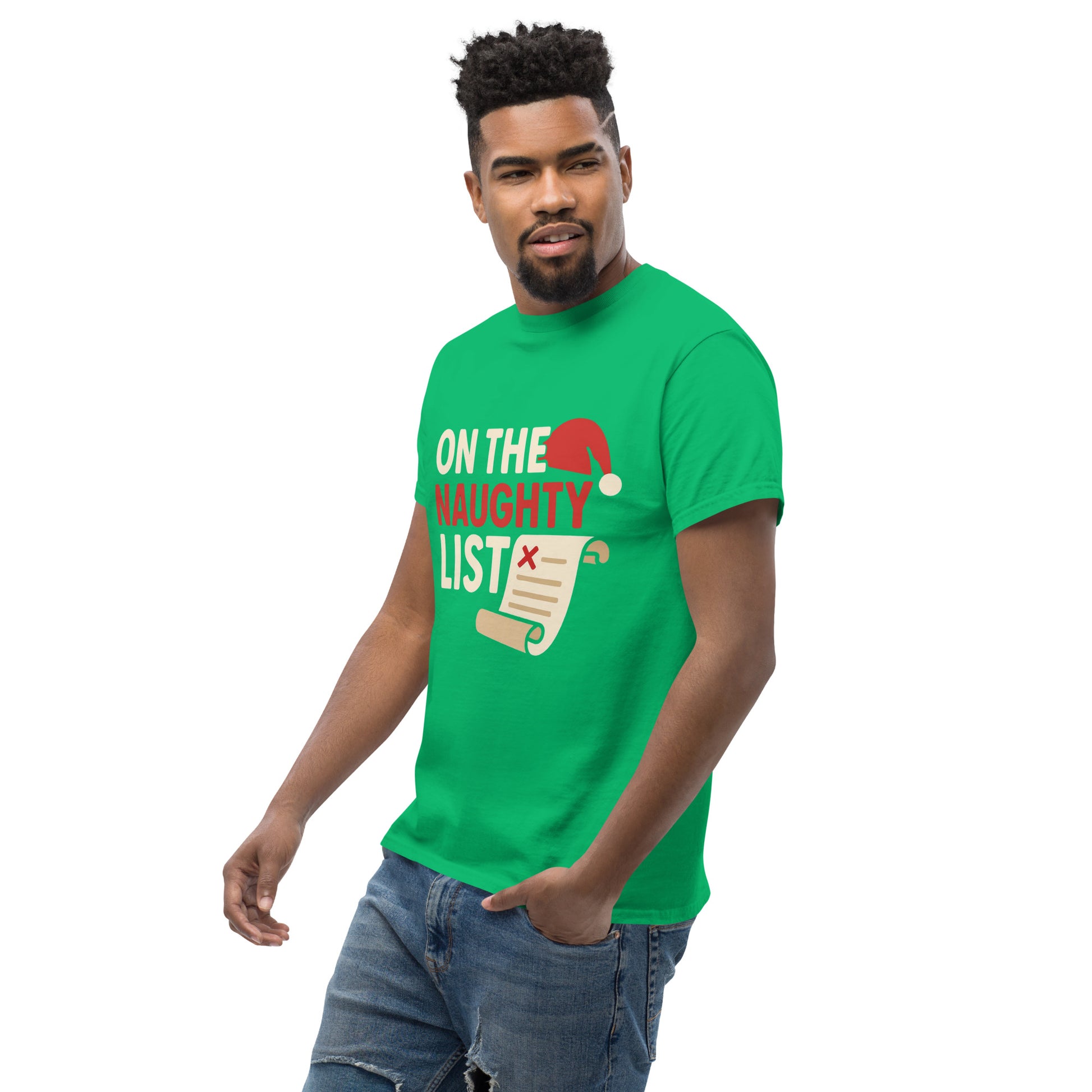 Side View Of On The Naughty List Green Tee