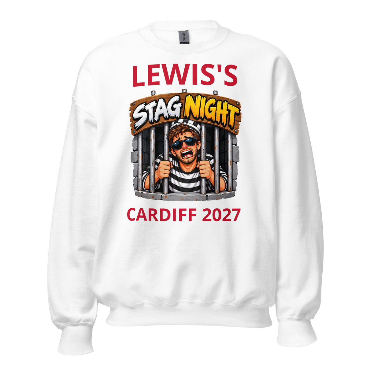 Personalised Behind bars Stag Night White Jumper
