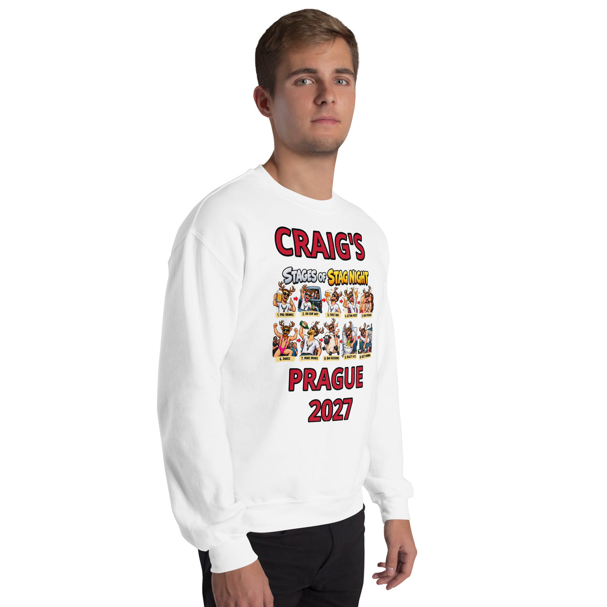 Personalised Stages Of A Stag Party White Jumper